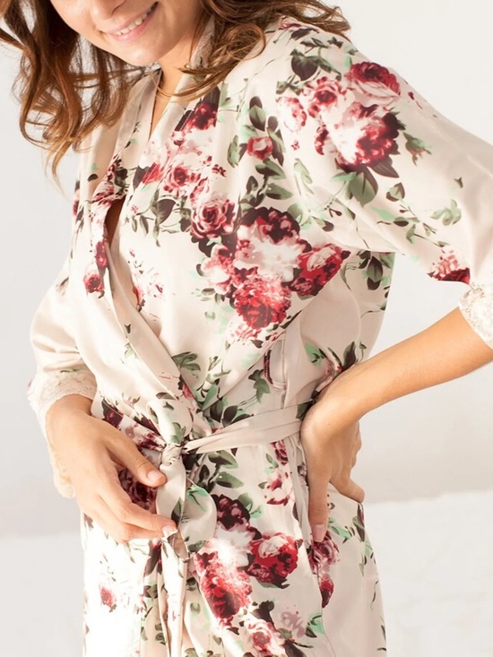 Other - Floral Lace Robe Bridesmaid Getting Ready Boho Kimono Wrap Beige Roses POCKET